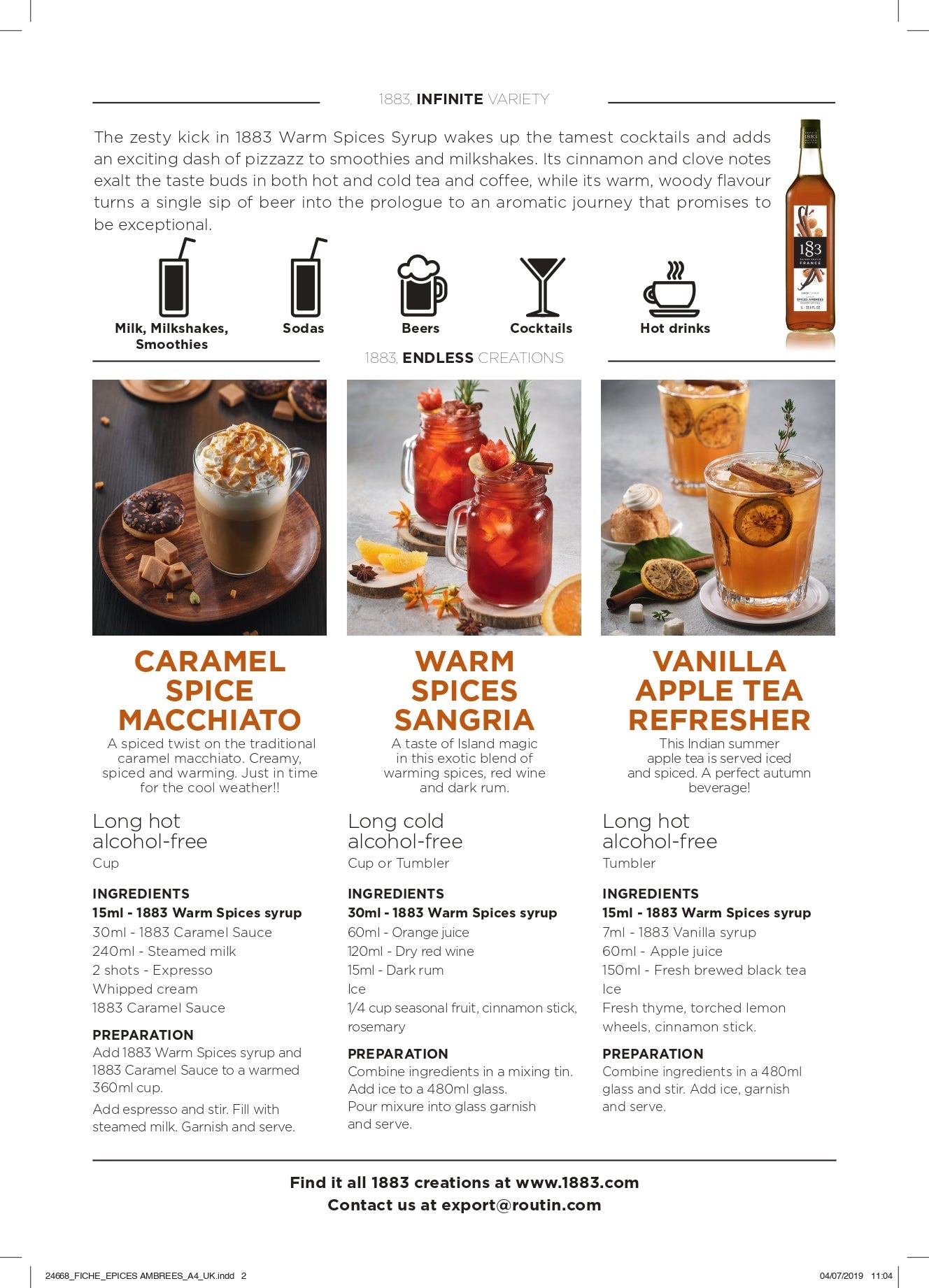 1883 Maison Routin Warm Spices Syrup Specification Recipes