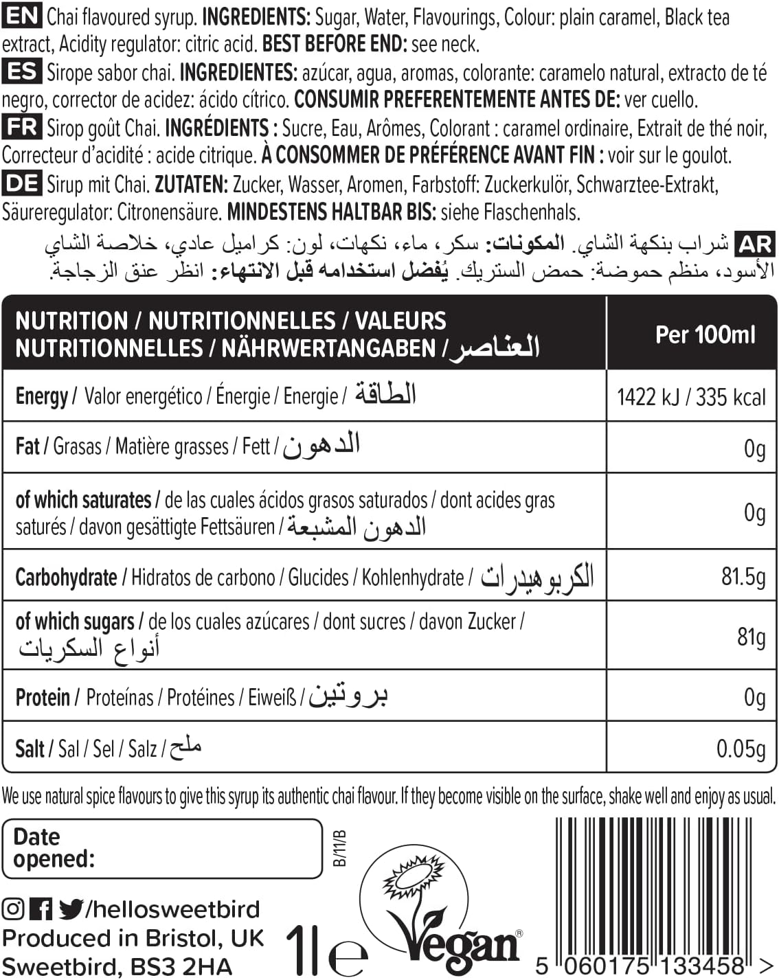 Sweetbird Spiced Chai Syrup (1 Litre)