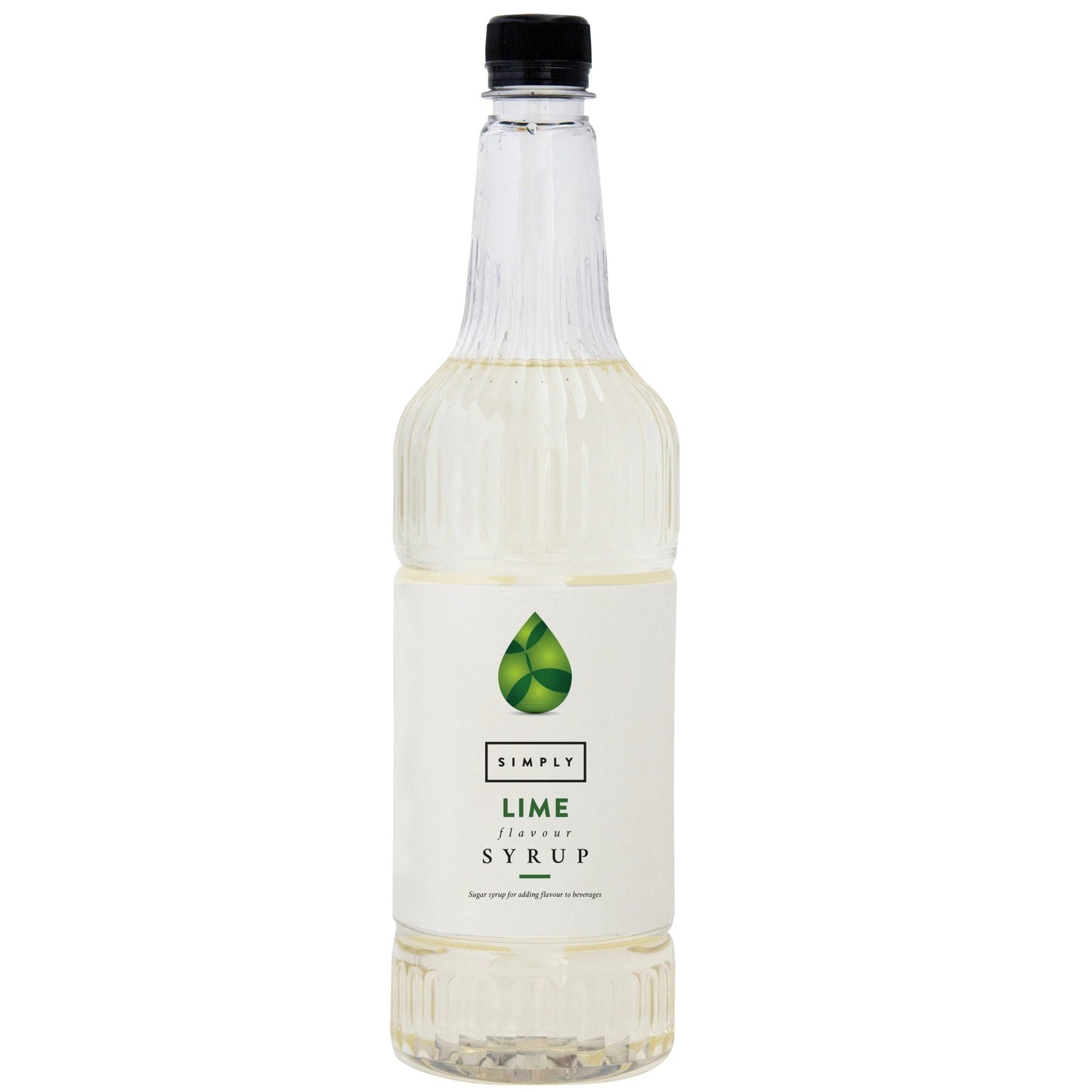 Bottle of lime syrup with a black cap on a white background