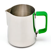 Stainless steel frothing jug with a green handle