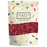 Resealable pouch with clear strip displaying freeze dried raspberries