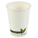 A white paper hot cup with a green band featuring the text 'ENViro-friendly' and a green leaf graphic, printed with the brand name 'ingeo'.