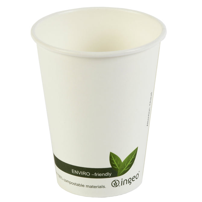 A white paper hot cup with a green band featuring the text 'ENViro-friendly' and a green leaf graphic, printed with the brand name 'ingeo'.