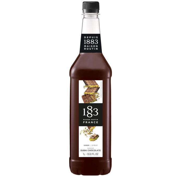 Bottle of 1883 Dubai Chocolate syrup on a white background