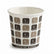A white paper hot beverage cup with a repeating pattern of brown and beige coffee cup icons and a black band at the bottom reading 'CAUTION HOT BEVERAGE'.
