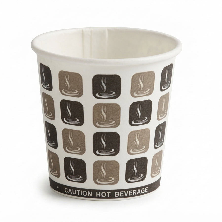 A white paper hot beverage cup with a repeating pattern of brown and beige coffee cup icons and a black band at the bottom reading 'CAUTION HOT BEVERAGE'.