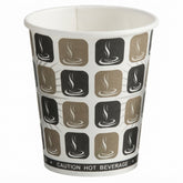 A white paper hot beverage cup with a repeating pattern of black and brown coffee cup icons and a black band at the bottom reading 'CAUTION HOT BEVERAGE'.