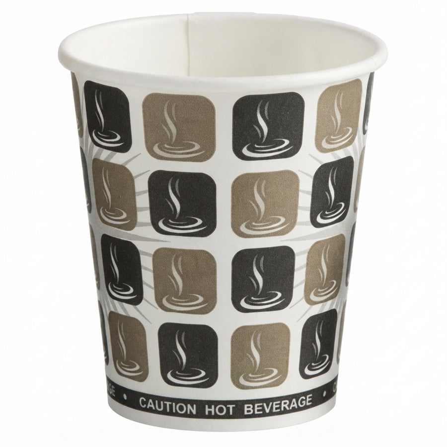 A white paper hot beverage cup with a repeating pattern of black and brown coffee cup icons and a black band at the bottom reading 'CAUTION HOT BEVERAGE'.