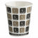 A white paper hot beverage cup with a repeating pattern of black and brown coffee cup icons and a black band at the bottom reading 'CAUTION HOT BEVERAGE'.
