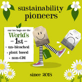 Illustration of a smiling tea bag character with text about sustainability on a green background with flowers.