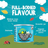 Clipper House Blend Organic Instant Coffee can with colorful graphics and text on a blue background