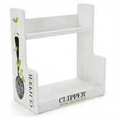 A white wooden display stand with two tiers, featuring printed branding for Clipper on the front and side panels with a decorative olive branch illustration.