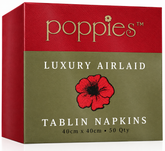 A square retail box for Poppies Luxury Airlaid Tablin Napkins, featuring a textured red top half with gold 'poppies' branding and a muted olive-green lower half with a large red poppy illustration and white text.