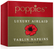 A square retail box for Poppies Luxury Airlaid Tablin Napkins, featuring a textured red top half with gold 'poppies' branding and a muted olive-green lower half with a large red poppy illustration and white text.
