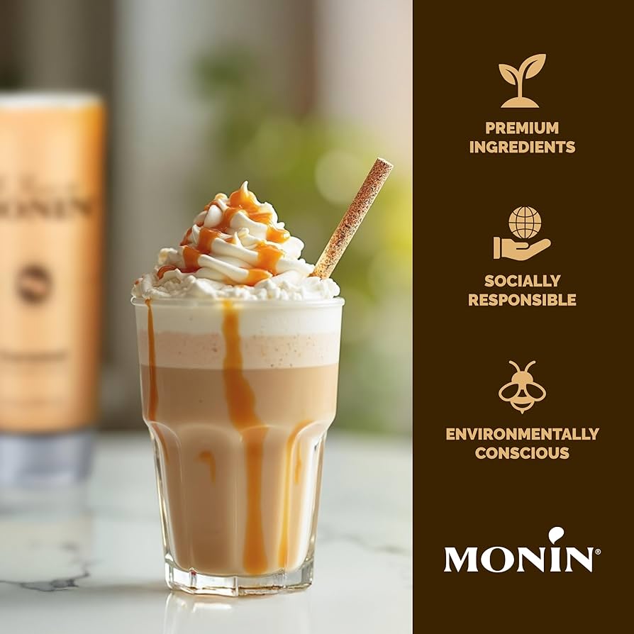 Caramel frappuccino with whipped cream and a Monén branded container on a blurred background