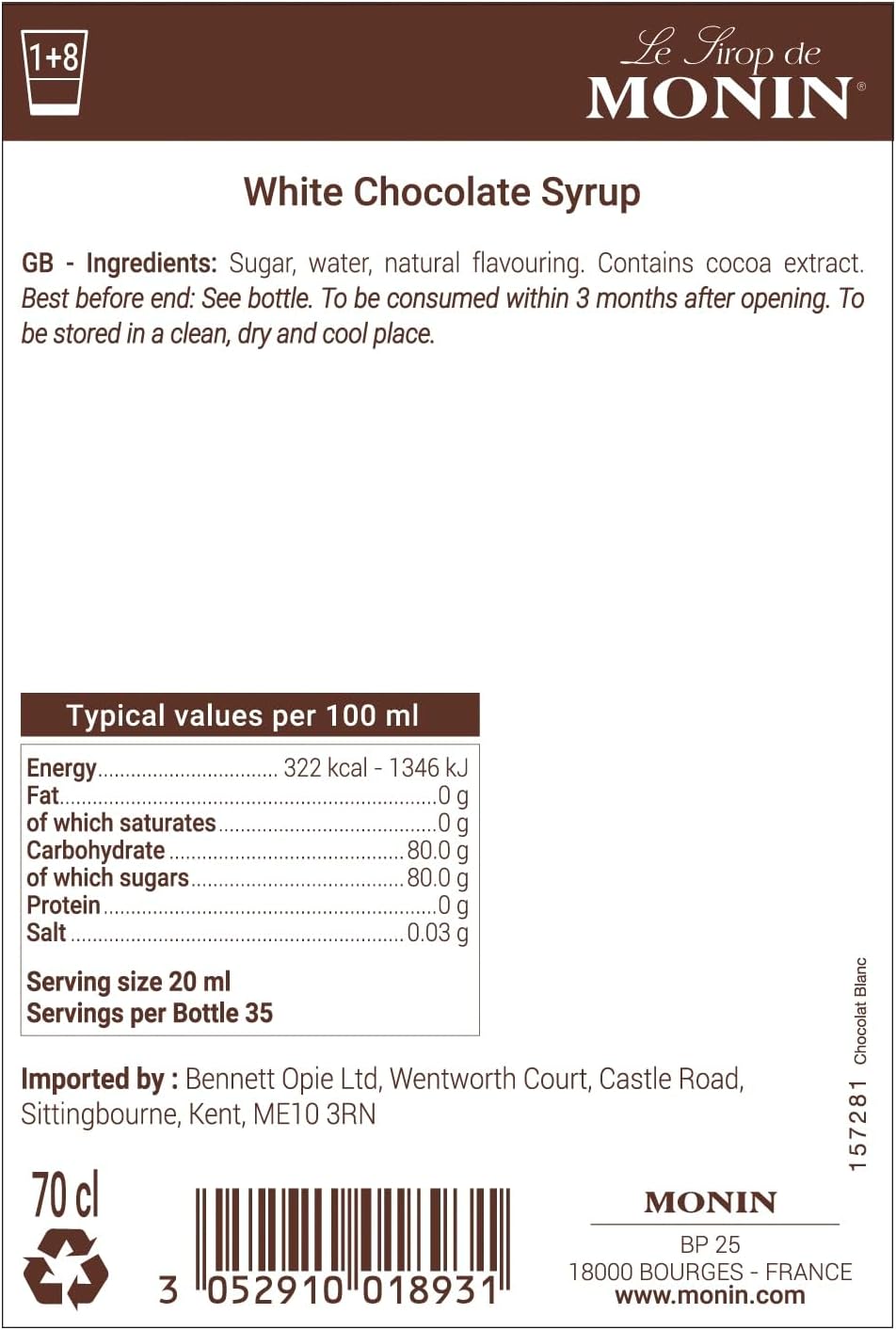 Monin White Chocolate Syrup | 700ml Glass Bottle | Bulk Coffee