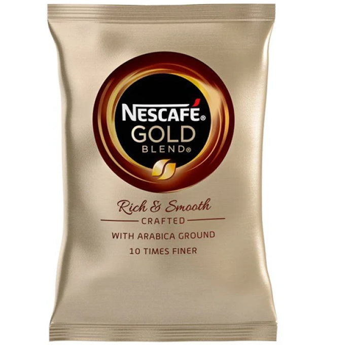 A single packet of Nescafe Gold Blend coffee capsules on a plain white background. The packaging is metallic gold with a large circular logo in the center and text below reading 'Rich & Smooth' and 'Crafted with Arabica Ground 10 Times Finer'.