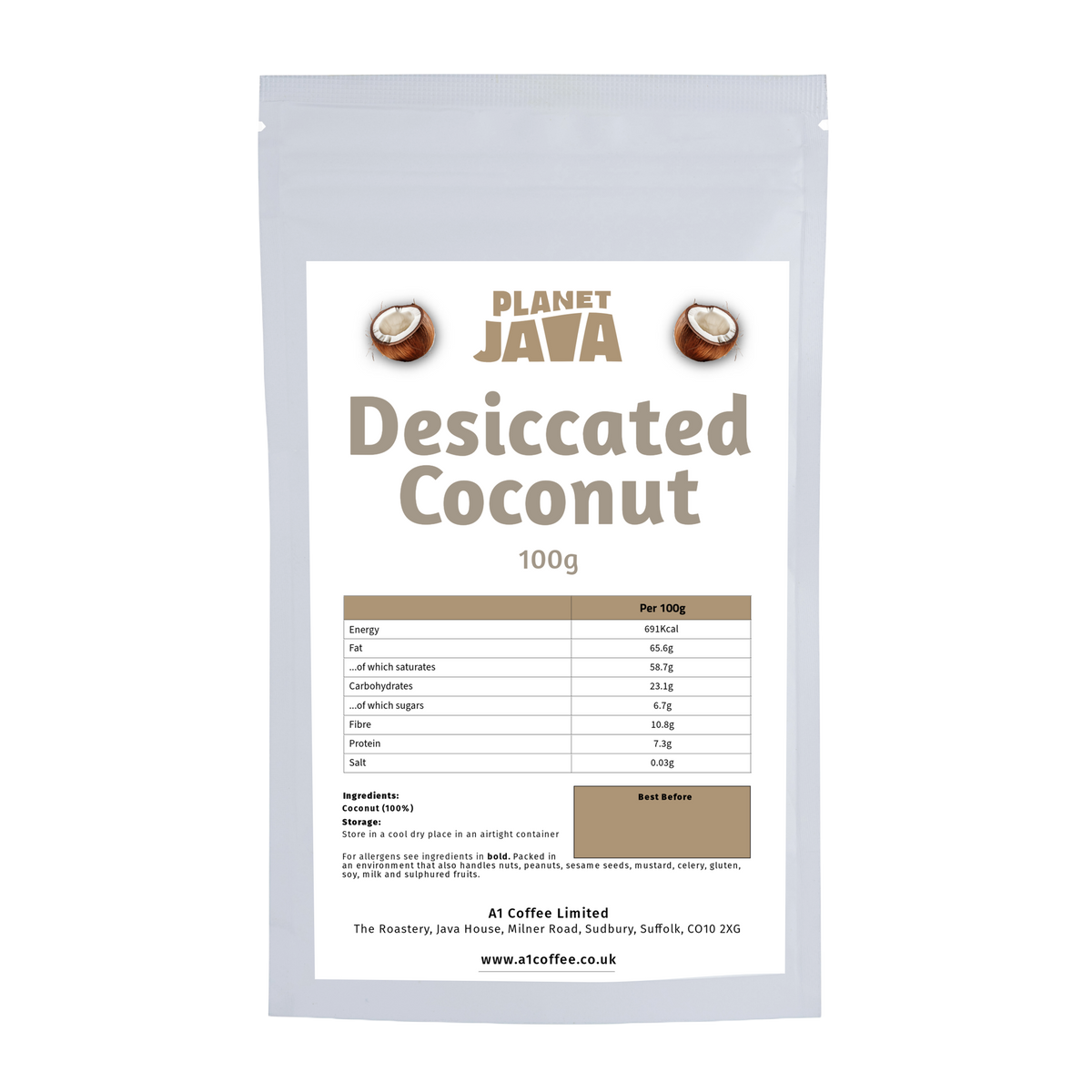 Planet Java Desiccated Coconut | 100g Resealable Pouch – Bulk Coffee