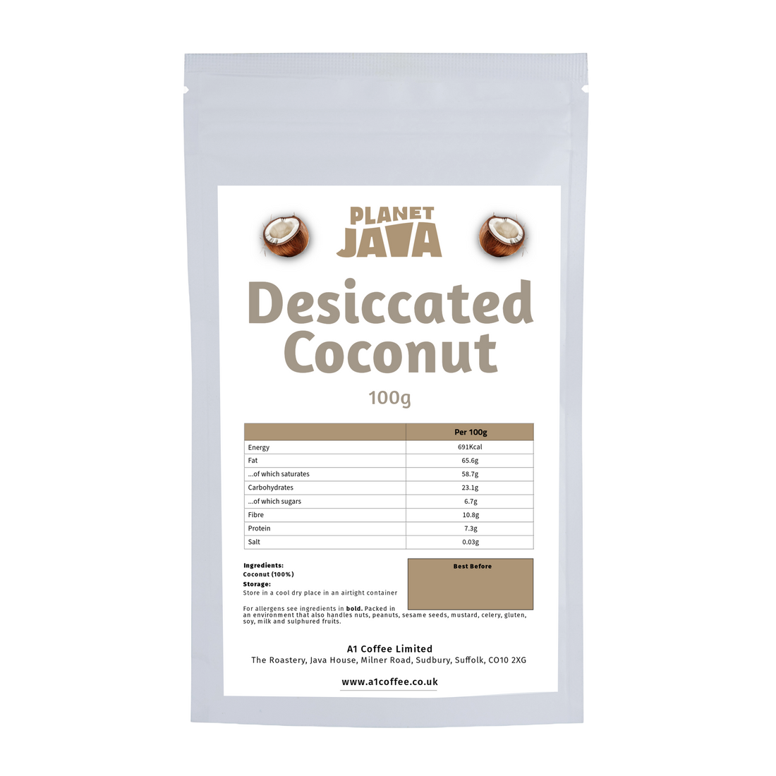 Planet Java Desiccated Coconut | 100g Resealable Pouch – Bulk Coffee
