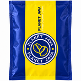 Planet Java coffee pouch with a bold blue and yellow vertical stripe design, featuring the brand logo and 'Planet Java' text on a white background.