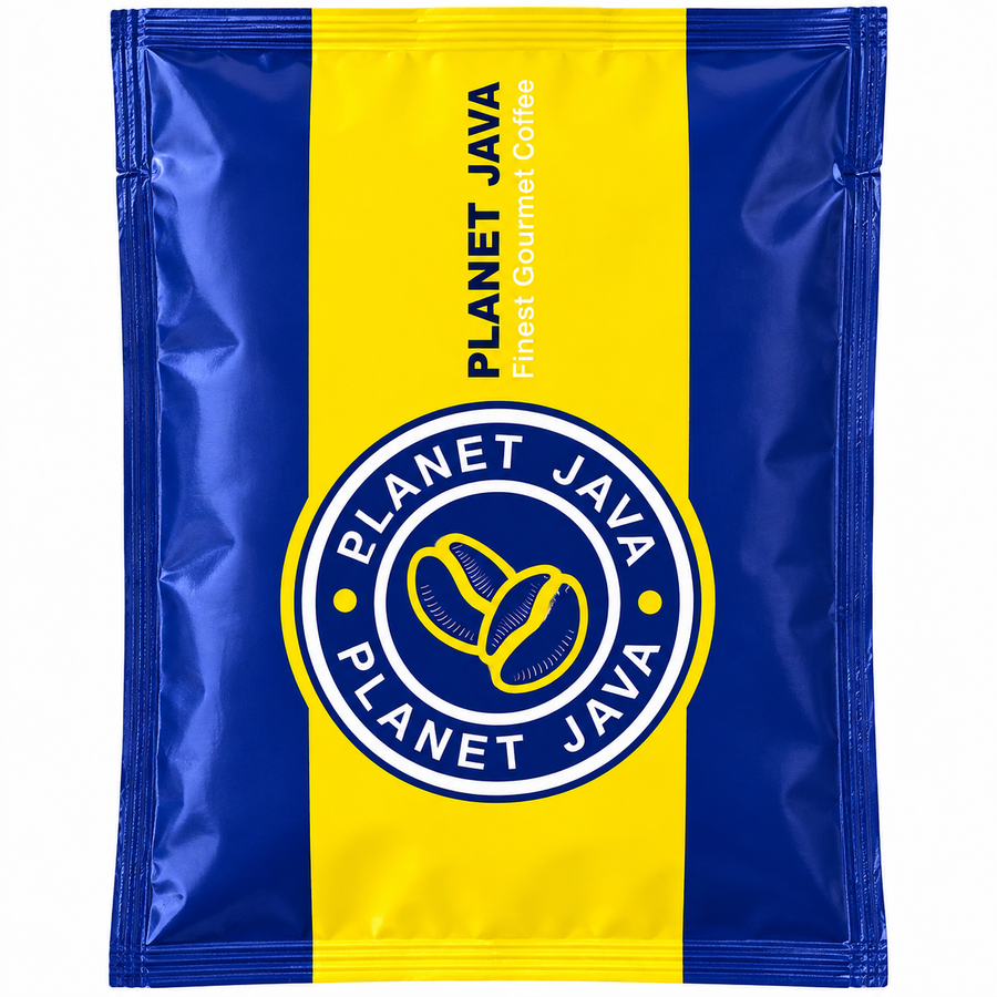 Planet Java coffee pouch with a bold blue and yellow vertical stripe design, featuring the brand logo and 'Planet Java' text on a white background.