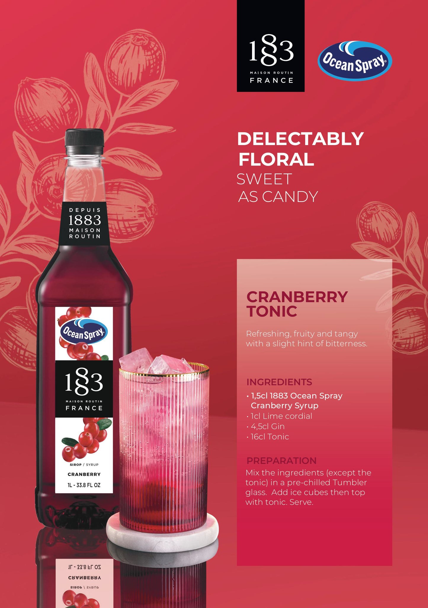 1883 Maison Routin Ocean Spray Cranberry Syrup - 1 Litre (Plastic Bottle)