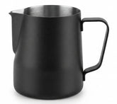 Matte black metal milk pitcher with a curved handle and integrated pour spout, shown on a clean white background.
