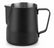 Matte black metal milk pitcher with a curved handle and integrated pour spout, shown on a clean white background.