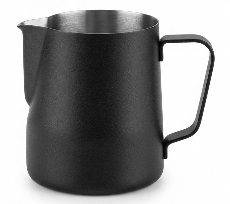 Matte black metal milk pitcher with a curved handle and integrated pour spout, shown on a clean white background.