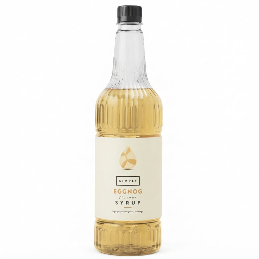 A bottle of Simply Eggnog Flavour Syrup with a cream label and black cap, filled with golden liquid, on a white background.