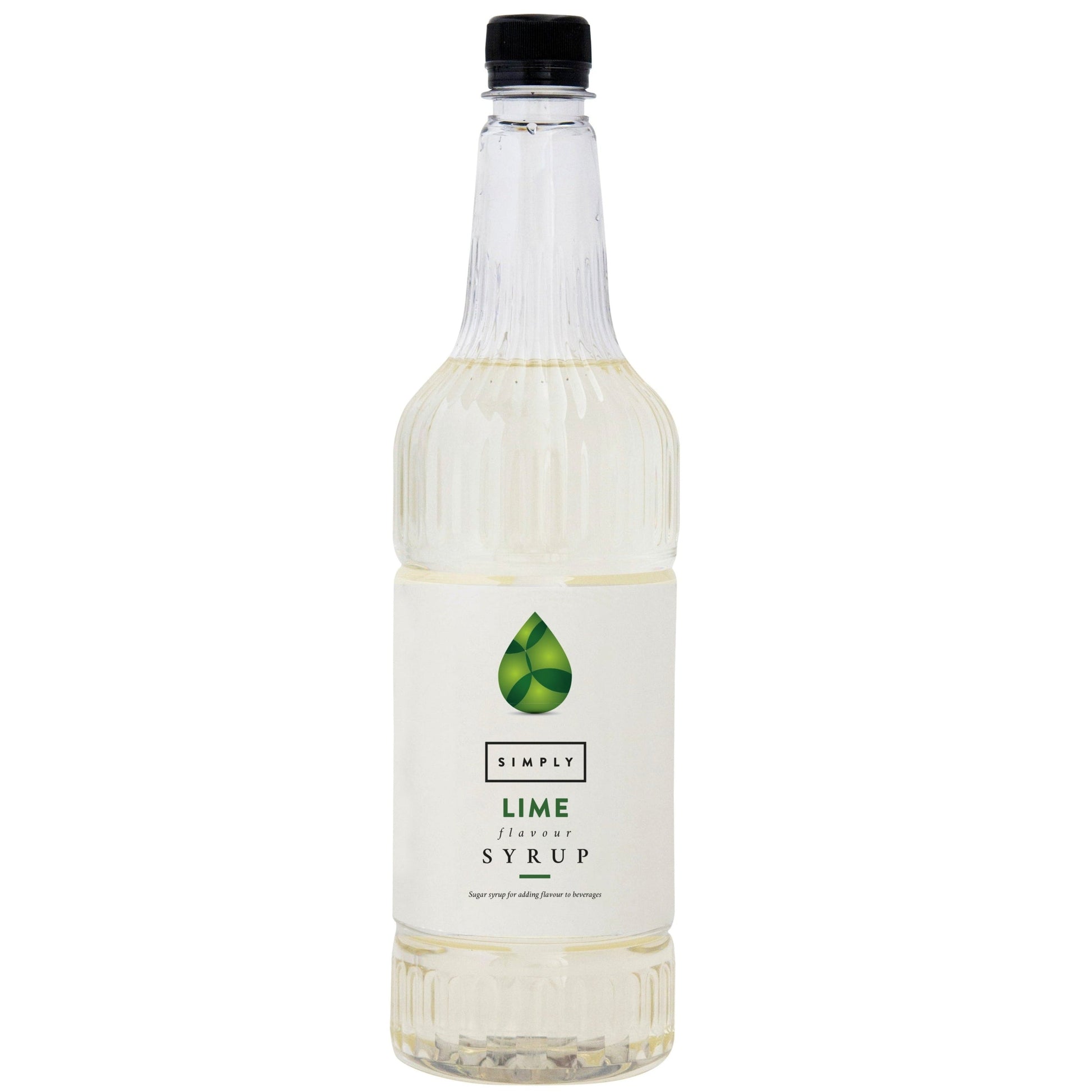 Bottle of lime syrup with a black cap on a white background