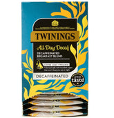 A box of Twinings All Day Decaf Decaffeinated Breakfast Blend loose leaf tea, featuring a blue and yellow patterned design with individual tea packets visible at the bottom.