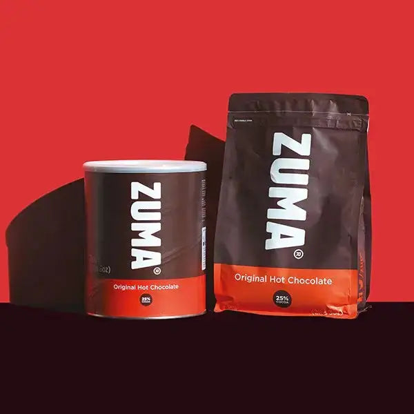 Zuma Original Hot Chocolate packaging on a red and black background