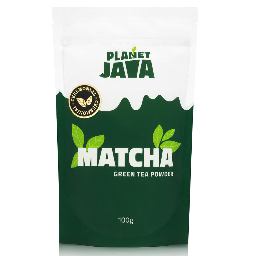 Planet Java Matcha green tea powder package on a white background