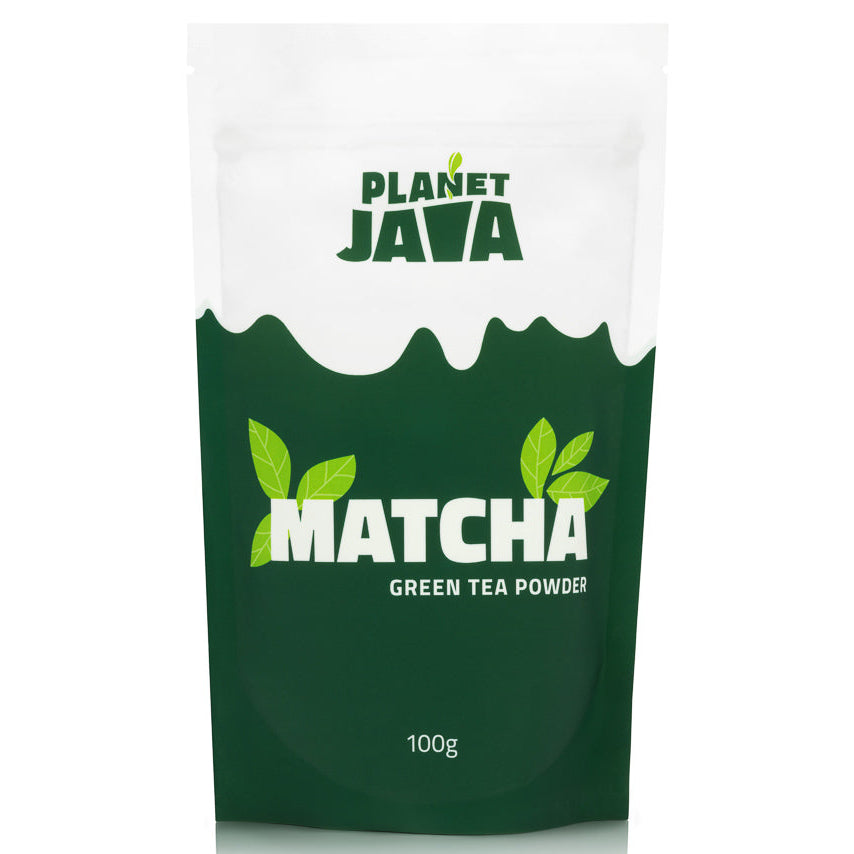 Planet Java Matcha Green Tea Powder packaging on a white background